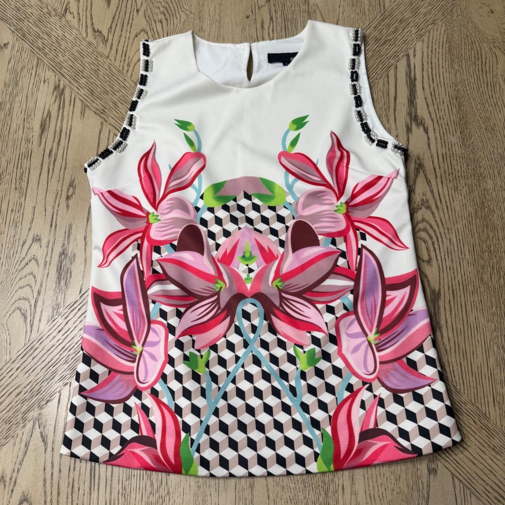 Women's White Floral Print Sleeveless Top